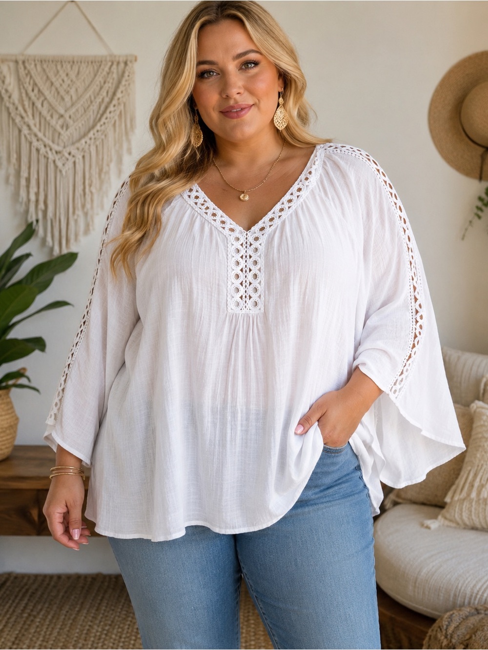 Zac & Rachel Woman 2X White Boho Peasant Blouse Crochet Lace Gauze Top Plus Size